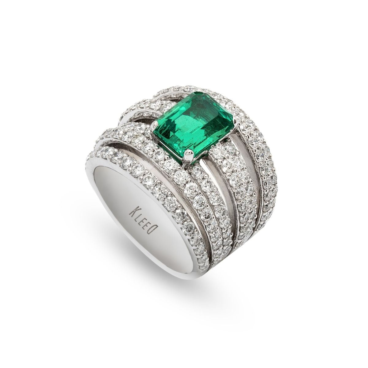 anello a fascia con diamanti lab grown e smeraldo ottagonale